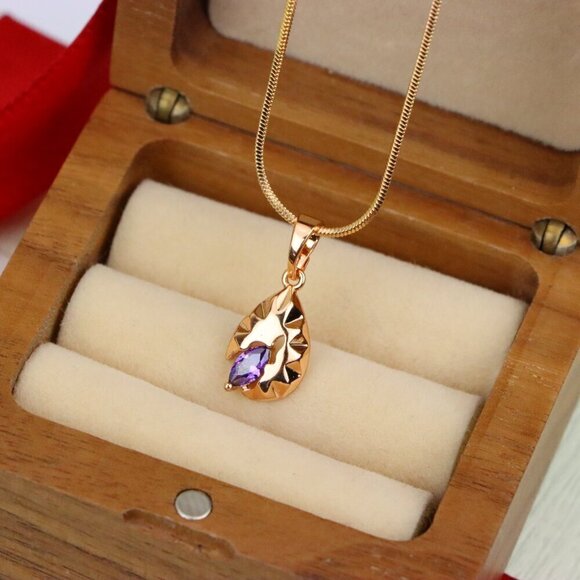 "Gold Teardrop Pendant with Marquise Purple Stone and Artistic Texture, XPPT1723 - Picture 9 of 13